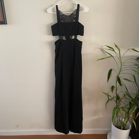 Aidan by Aidan Mattox Crepe Crochet Lace Gown Womens 0 Black Cutout Maxi Dress - Picture 3 of 12